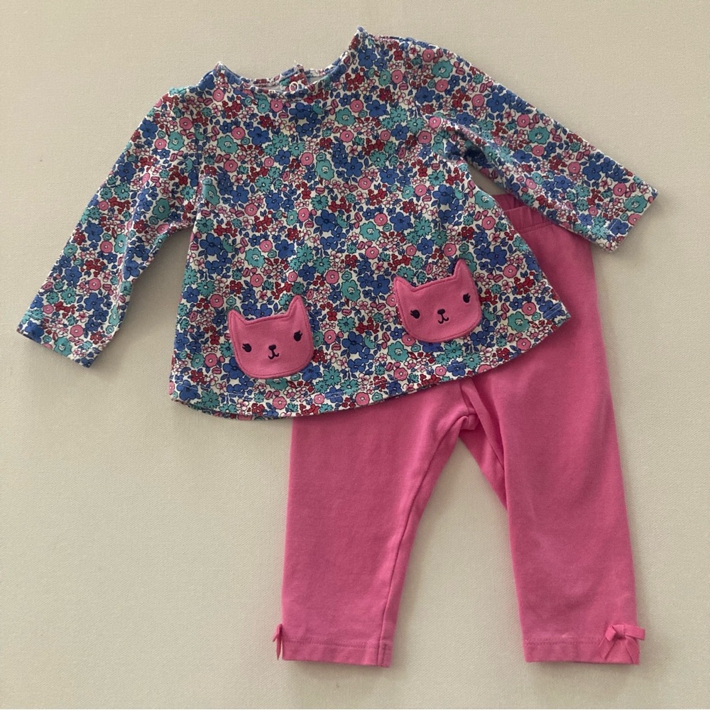 Gymboree Baby Girl 3-6 Months Blue Floral Kitty Top Pink Pants Set Outfit